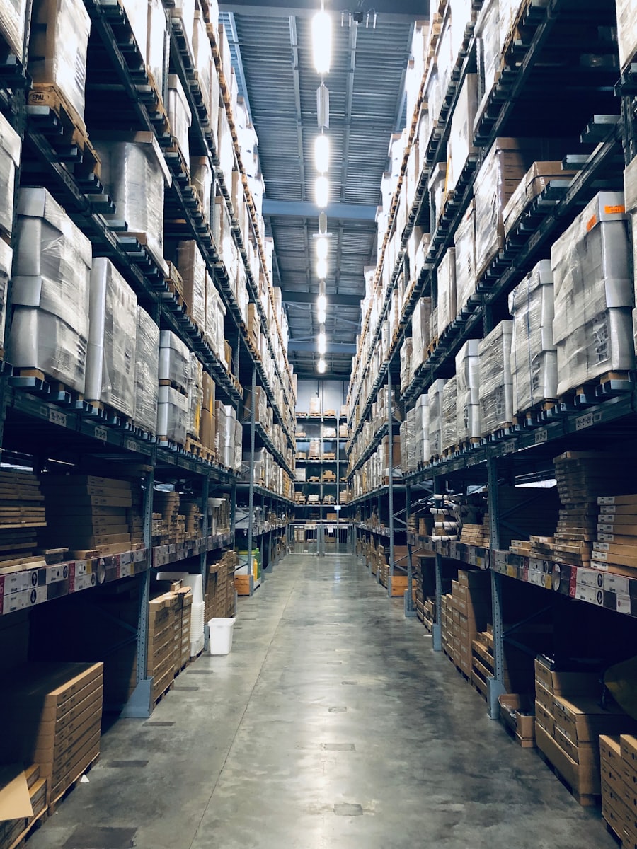 Warehouse shelves representing eCommerce product catalog management